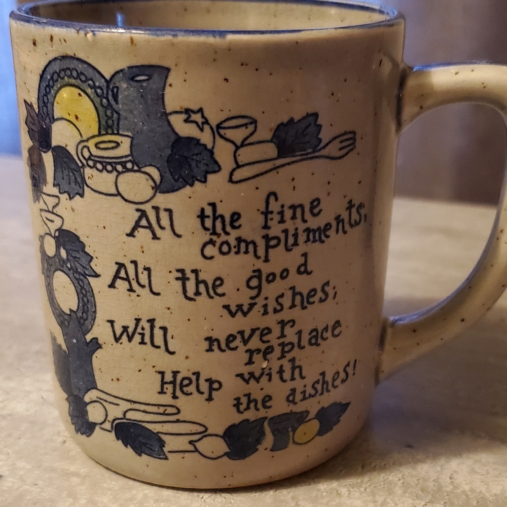 Vintage Grey And Blue Pottery Mug/1970s Hand Painted Mug